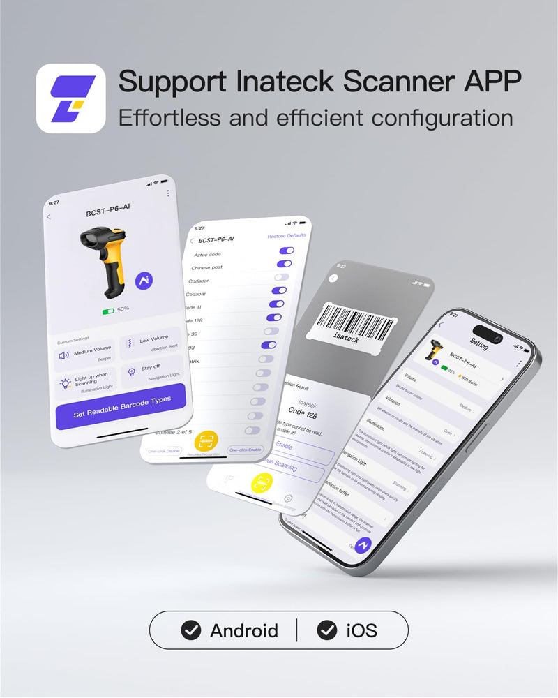 Inateck AI Barcode Scanner, Bluetooth Scanner Wireless, 2600mAh Battery, 1 Charge for 180 Days, Barcode Reader Support Fast AI Setup, P6 AI
