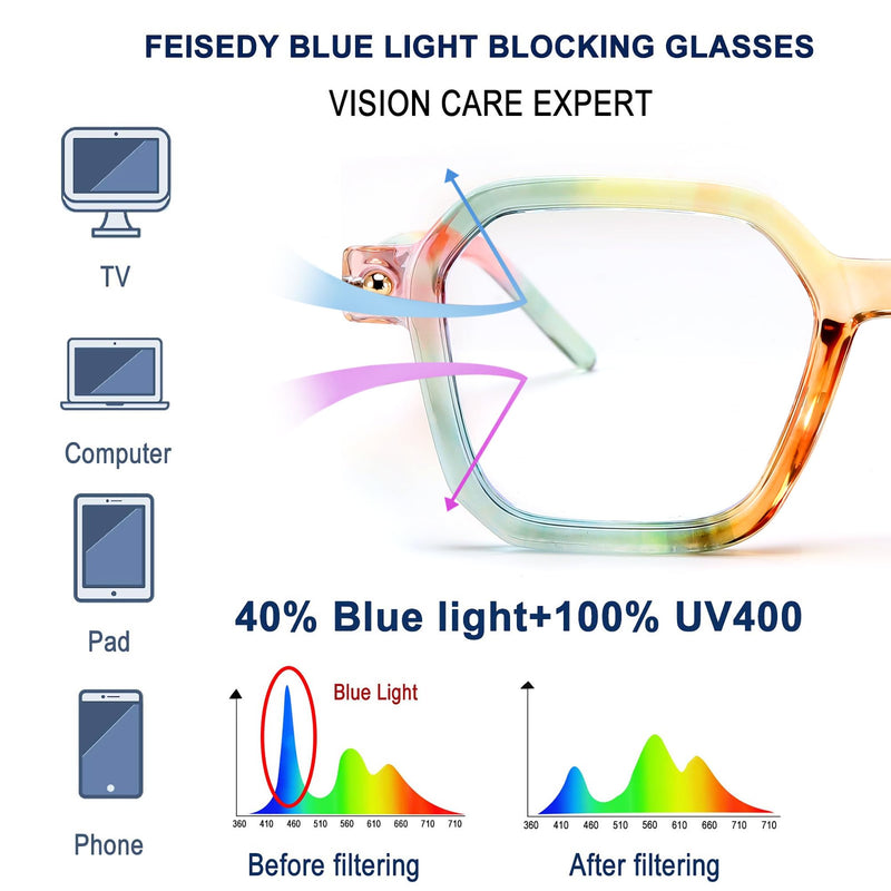 FEISEDY Square Non Prescription Clear Lens Glasses Frame for Women Men Blue Light Blocking Eyeglasses B0155 Rainbow 50 Millimeters