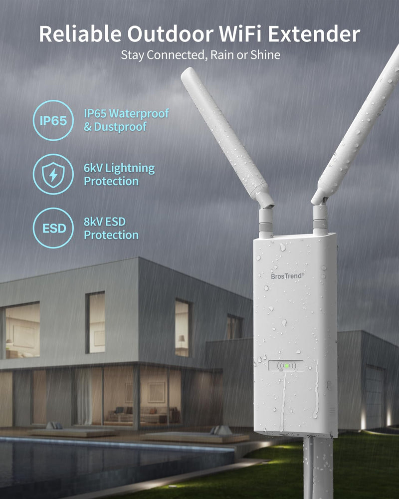 BrosTrend AC1200 Outdoor WiFi Extender Long Range, Dual Band 5GHz + 2.4GHz, IP65 Weatherproof Gigabit Signal Booster, PoE Powered, with Passive PoE Injector, 2x 5dBi Antennas, Works for Yard, Farm, RV