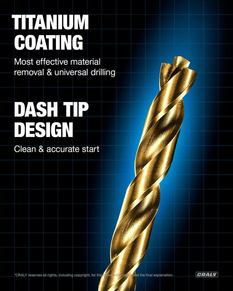 CRALY 21-Piece Cobalt Drill Bit Set, M35 HSS Titanium Coated Jobber Length Twist Drill Bits, Dash Tip & 135 Degree Split Point, 3-Flat Shank, for Hard Metal, Stainless Steel, Cast Iron, Plastic 21-Piece Pack