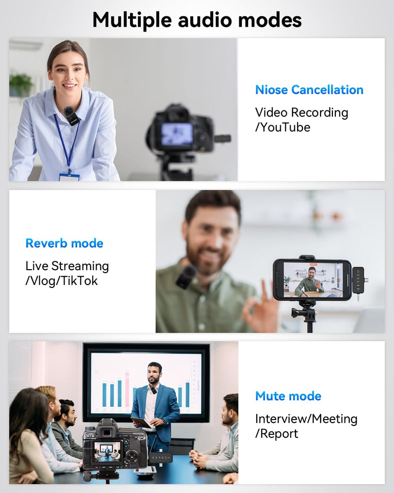 PQRQP 3 in 1 Microphone for iPhone/Android/Camera, Wireless Microphones, 328ft Transmission, 18H Battery Life, Mini Microphone for Record Interview, Vlogs, YouTube, Tiktok Ebony Black