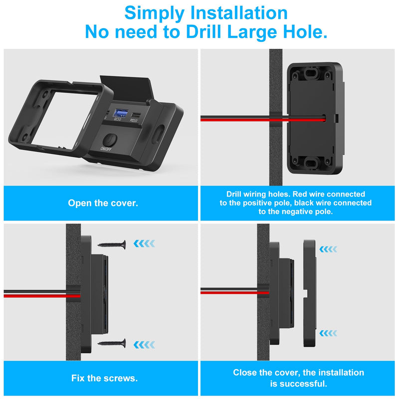 78W 12V USB Outlet Surface Mount Lightweight Dual USB C 30W and QC 3.0 18W Car USB Port, 12 Volt USB Cigarette Lighter Replacement Charger Socket Panel with Button Switch for RV Bus Marine Motorcycle