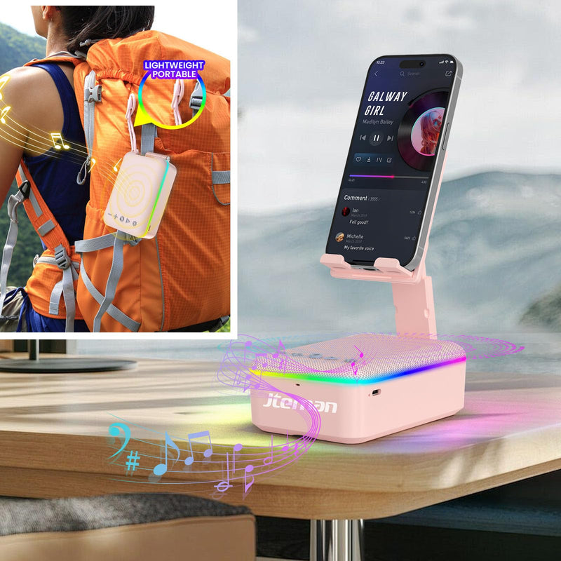 JTEMAN Gifts for Men Women,Cell Phone Stand with Bluetooth Speaker and LED Light,Cool Tech Gadgets,Unique Birthday Gifts for Men Husband Mom Dad-Pink Pink