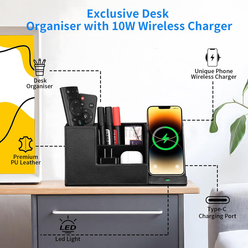 Wireless Charger with Desk Organizer, Fast Charging Station for iPhone 15 14 13 12 11 Pro Max/Samsung Galaxy S23/S22/S21/S20/Z Flip/Fold 5, Desk Phone Charger Stand Office Desktop Organizer Leather Black 1