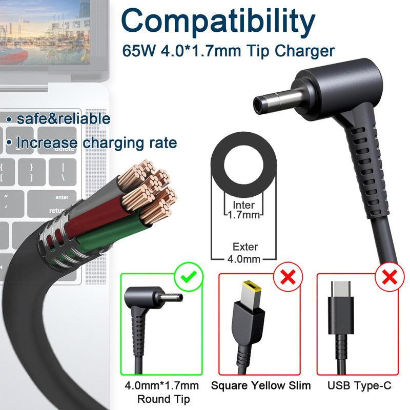 65W 45W Charger Fit for Lenovo V14 V15 V17 G2 G3 G4 Flex 4 5 1470 1570 IdeaPad 3 5 310 315 320 330 330S S340 510 520 320-15ABR 330-15IGM S340-15IWL ADLX65CLGU2A Laptop Power Supply AC Adapter