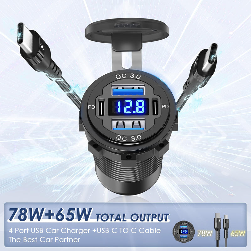 【Upgraded Version】 78W 12V USB Outlet Qidoe 4 Port Dual 30W PD & Dual Quick Charge 3.0 Aluminum USB 12V Charger Socket with Voltmeter USB C to USB C Cable Coiled 3FT Cord for Car Boat Marine RV