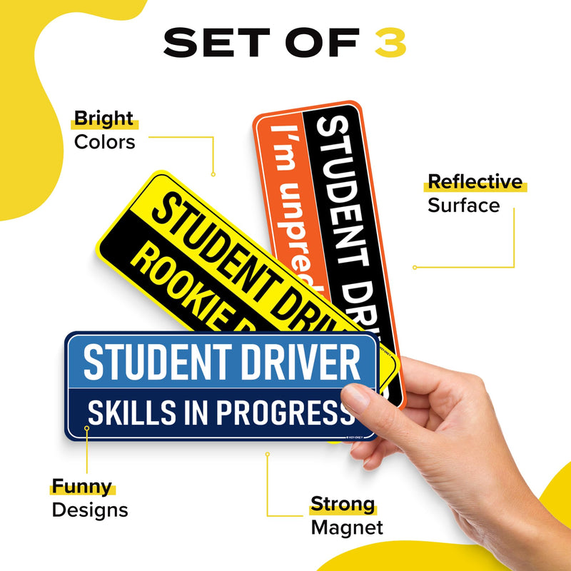 Student Driver Magnet for Car - Funny 3-Pack Please Be Patient Reflective Magnetic Bumper Sticker Set - Removable Novice Rookie Safety Attention Sign - Weather-Resistant - 10 x 3.5 inch Student Men #1