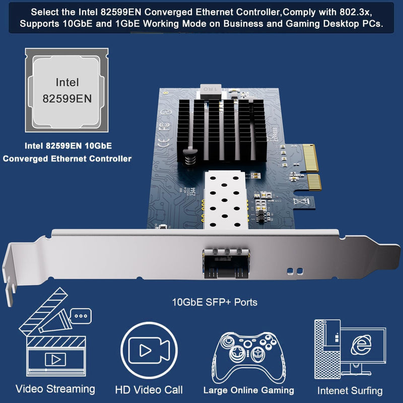10Gb Open SFP+ PCI-e Network Card, with Intel 82599(X520-DA1) Controller, 10Gbps Ethernet Adapter, 10Gbe 10G NIC Card, Support Windows/Windows Server/VMware