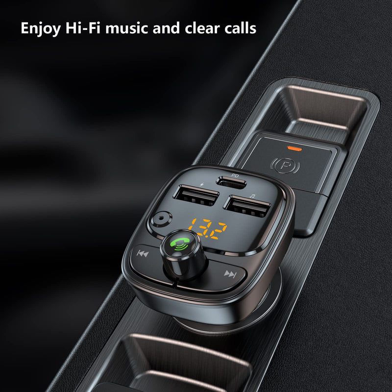 Bluetooth 5.3 FM Transmitter Car Adapter, Wireless Radio MP3 Player Stereo Music Audio Receiver Hands Free Calling, 42W (PD 30W & 12W) USB C Car Charger for iPhone, Support TF Card & USB Disk (Black) Black