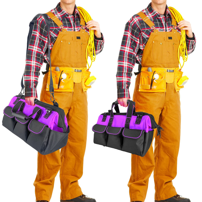 16-inch for women purple Tool Bag Non-slip feet adjustable shoulder strap 14 functional insert pockets,large capacity Men's heavy-duty toolbox,for electricians, carpentry,gardening (Purple)