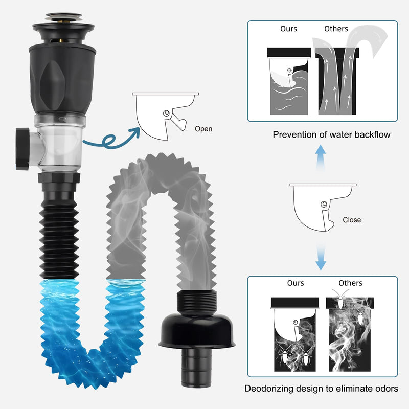 iFealClear Bathroom Sink Drain Kit, Flexible P-Trap Drain Pipe with Pop Up Stopper, Expandable Bathroom Sink Pipe Replacement with 2 Adapters, Fits 1-1/4'', 1-1/2'', 2" Holes, Hair Catcher, Black Matte Black Modern