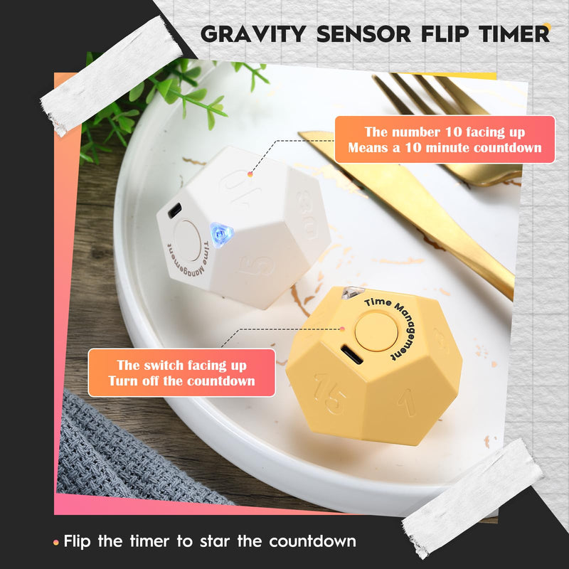 Konohan 2 Pcs Cube Timer Rechargeable Mini Pomodoro Timer 11 Preset Time Desk Productivity with Sound Vibrate Light Alarm Flip for Time Management ADHD Workout Study Cooking, White and Yellow