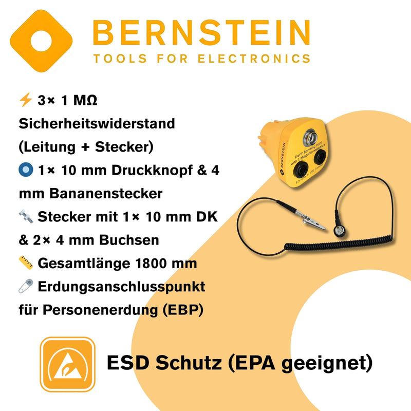 BERNSTEIN ESD Grounding Cable 1 MOhm, 1800 mm, 1 Push Button 10 mm and Banana Plug, Effective ESD Protection Earth cable 1 MOhm, 1800 mm, 1 push button