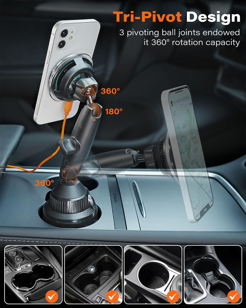 A2C for Qi2 Cup Holder Charger 15W Wireless MagSafe Car Mount with Semiconductor Cooler Fast Charging Fits for iPhone 16 15 14 13 12 Series, for Magnetic iPhone Car Accessories