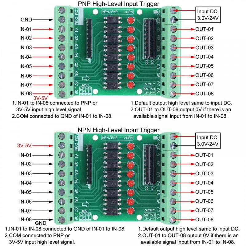 Optocoupler isolation module, DC 3.3V 5V 8 channel optocoupler isolation module, PNP NPN low-high level output signal converter