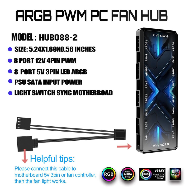 ARGB PWM Fan Hub, Addressable 5V 3PIN 12V 4PIN PWM 2-in-1 RGB Case Fan Hub with Magnetic, PSU SATA Power Input, 8 Port for Fans and 8 Port for LEDs, Support 8 Computer ARGB PWM PC Fans