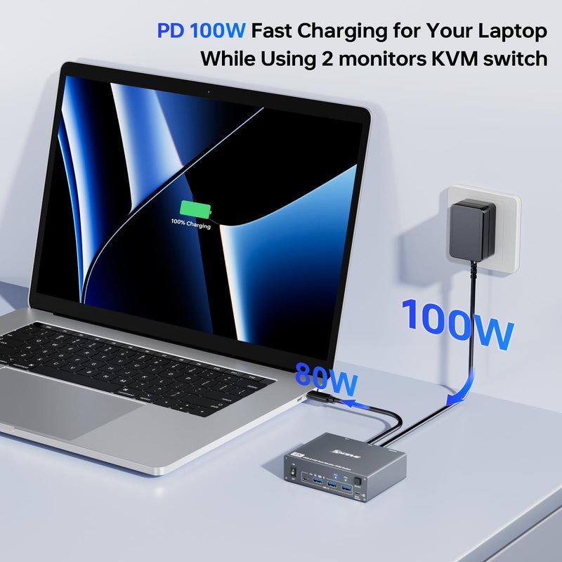 KVM Switch 2 Monitors for 1 Laptop and 1 Desktop 4K@60Hz, USB C HDMI Dual Monitor KVM Switch,Docking Station KVM Switches with 4 USB 3.0 Port, 80W PD Charging, Wired Remote and USB-C Cable Included USB C KVM 2 Monitors