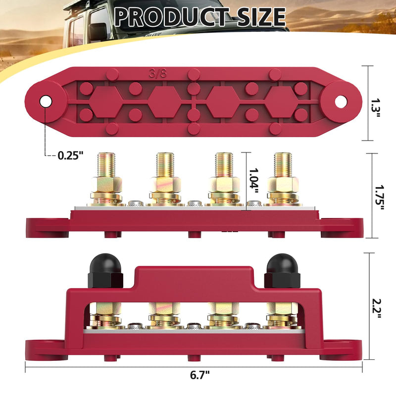 MOFEEZ Power Distribution Block Bus Bar, 4 x 3/8" Post Marine Bus Bar Battery Busbar Terminal Block with Cover, Lugs, Ring Terminals (Pair, Red & Black) 4 x 3/8" with copper lug