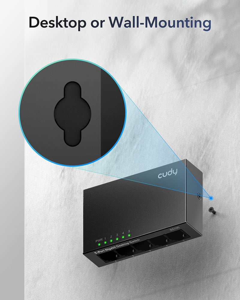 Cudy GS105 5-Port Gigabit Unmanaged Ethernet Switch, Network Hub, Ethernet Splitter, Plug & Play, Fanless Metal Design, Traffic Optimization