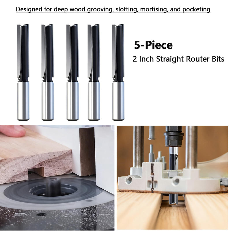 5-Piece Extra Long 2 Inch Straight Router Bit Set, 1/2" Shank, 1/2" Dia, Carbide-Tipped 2-Flute Bits for Deep Grooving, Dados & CNC Woodworking 5pcs 2" straight bit 1/2 shank