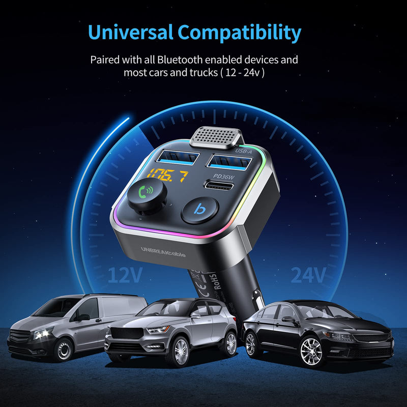 UNBREAKcable Bluetooth FM Transmitter for Car, PD 38W Fast Charging, Wireless Bluetooth FM Radio Adapter, Car Kit with Hands-Free Calls, HiFi Bass Boost MP3 Music Player Support USB Drive Grey