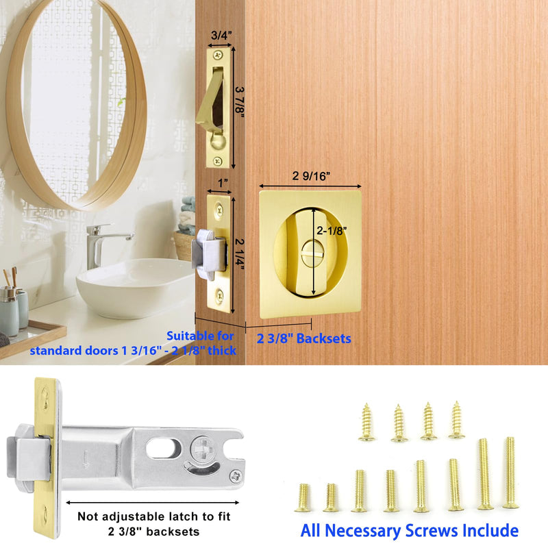 Dontay Pocket Door Privacy Lock, Flush Handles, 2-3/8" Backset, (Bed/Bath) Latch, Recessed Knob, Hardware for 1 3/8” to 2 3/16” Thickness Door (Including Edge Pull, Satin Brass, Square) Square - 2 Pack Including Edge Pull