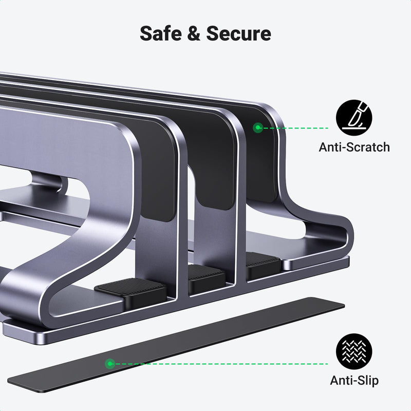 UGREEN 3-Slot Vertical Laptop Stand Holder Desk Compatible with MacBook Pro Air Laptop Stand Desktop Adjustable, Lenovo Ideapad, Surface Book, HP Notebook, Dell Chromebook Up to 17.3 Inch, Space Gray
