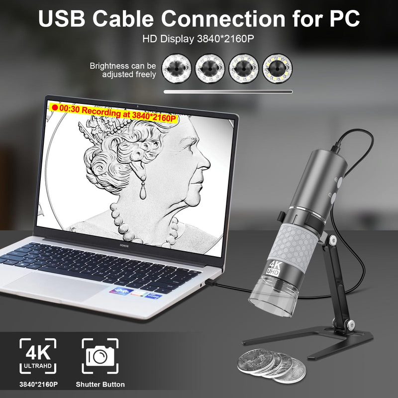 4K WiFi Microscope, Upgraded Stand for iPhone Android PC, 50-1000X USB Digital Microscope, HD Endoscope Camera, Compatible with All Devices, Wide Angle, Long Focal Length, Reliable Service