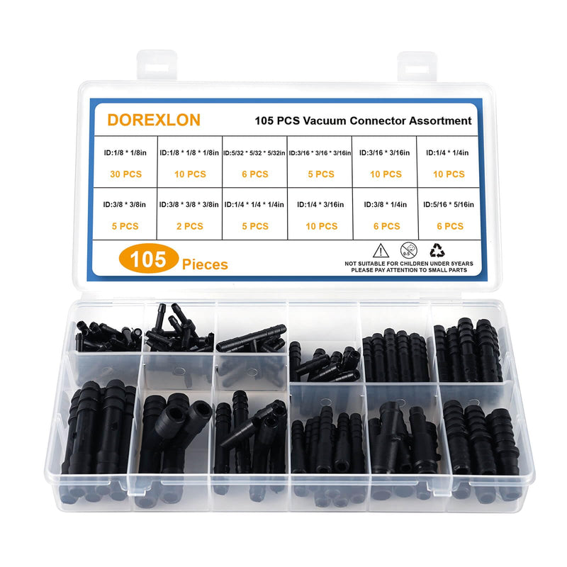 105PCS Automotive Vacuum Connector Assortment, 1/8" 3/16" 1/4" 5/16" 3/8" Vacuum Connector, Automotive Vacuum Tubing Connector, Vacuum Tee Connector, Vacuum Straight Connector