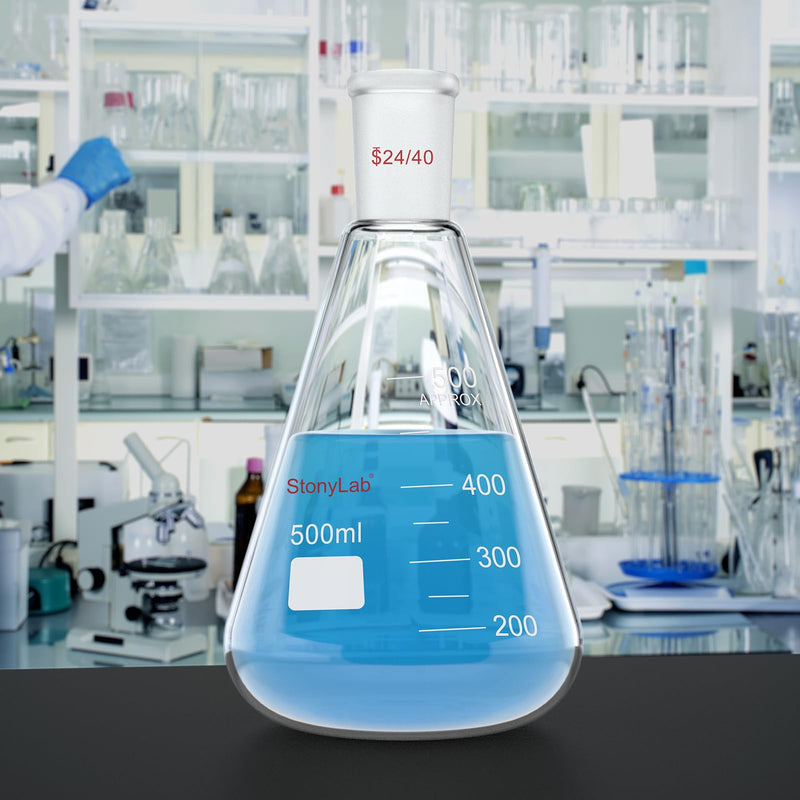 StonyLab Glass 24/40 Erlenmeyer Flask, Borosilicate Glass Heavy Wall Flask with 24/40 Standard Taper Outer Joint, 500ml 500 ml