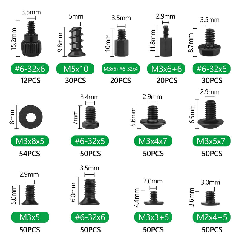 516PCS Computer Screws Assortment Kit, 6-32 Male to M3 Female Carbon Steel Black Zinc Plated Motherboard Standoffs Screws for 2.5''SSD Hard Drive Fan Power Graphics Chassis CD-ROM Computer ATX Case 516Pcs Black PC Screws