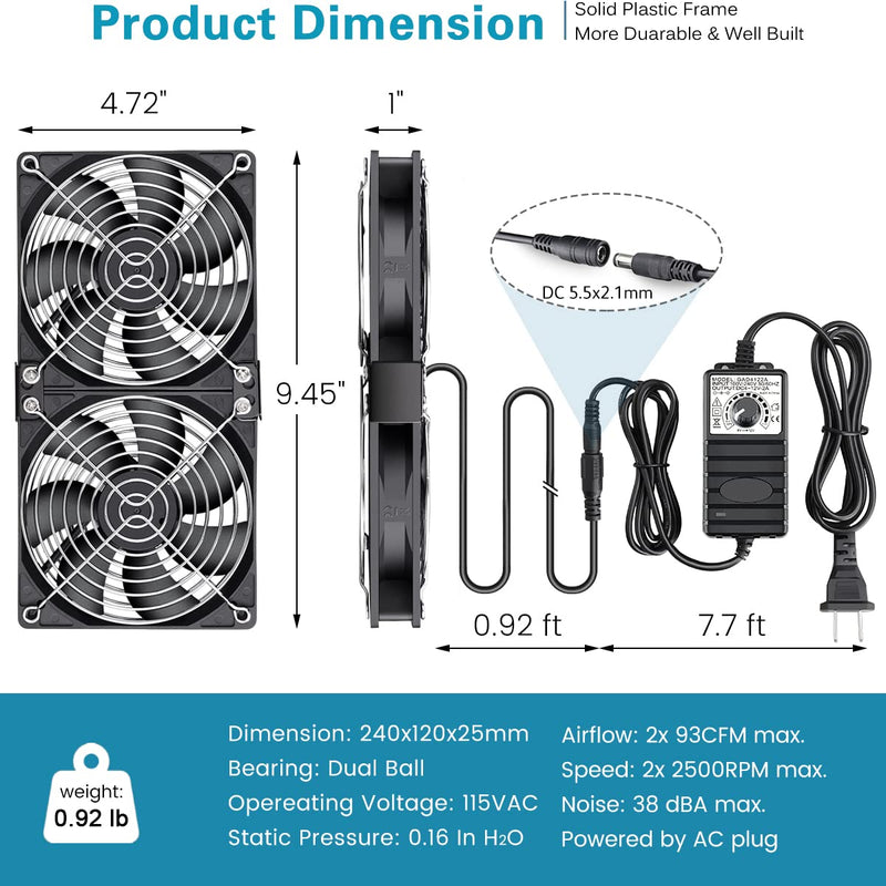 GDSTIME Big Airflow Dual 120mm Fans, 2x120mm 240mm Computer Fan with AC Plug, 110V 120V 220V 240V AC Powered with Variable Speed Controller 4V to 12V for Server Rack Cabinet Workstation Cooling 2* 120x120x25mm fan