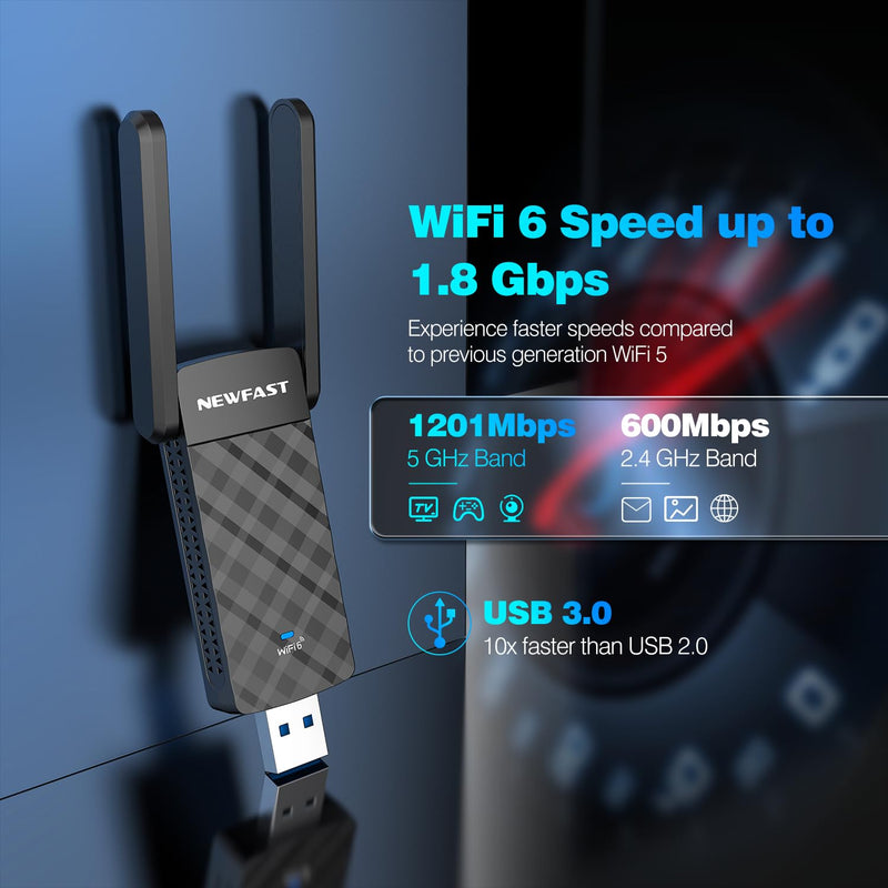 NEWFAST USB WiFi 6 Adapter U352, AX1800 Wireless Network Adapter for Desktop PC Laptop, USB 3.0 WiFi with Dual Band High Gain Antennas, MU-MIMO, WPA3, WiFi Dongle for Windows 11/10