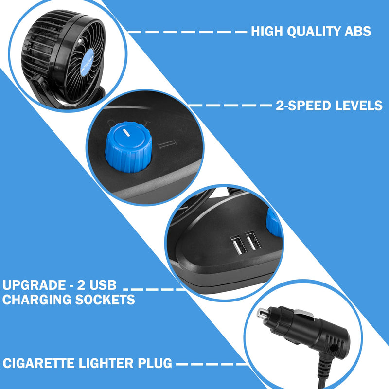 Car Fans 12V Electric Cooling Rear Seat Headrest Vehicle Fan with Cigarette Lighter Plug 2 Speed 2 USB Charging Ports, 360 Degree Adjustable Dual Head Automobile Fan for Truck Van SUV RV Boat Auto Dual Head Back Seat -1