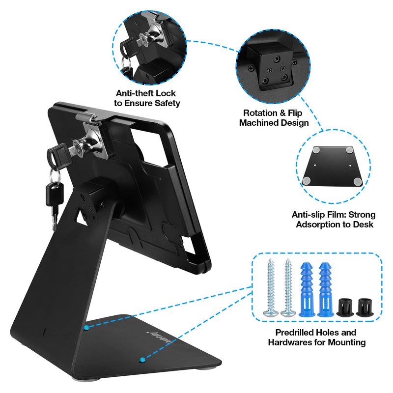 Desktop Anti-Theft Security Kiosk POS Stand Holder Enclosure with Lock and Key, Compatible with iPad Mini 1-5, Flip and Rotate Design, Black