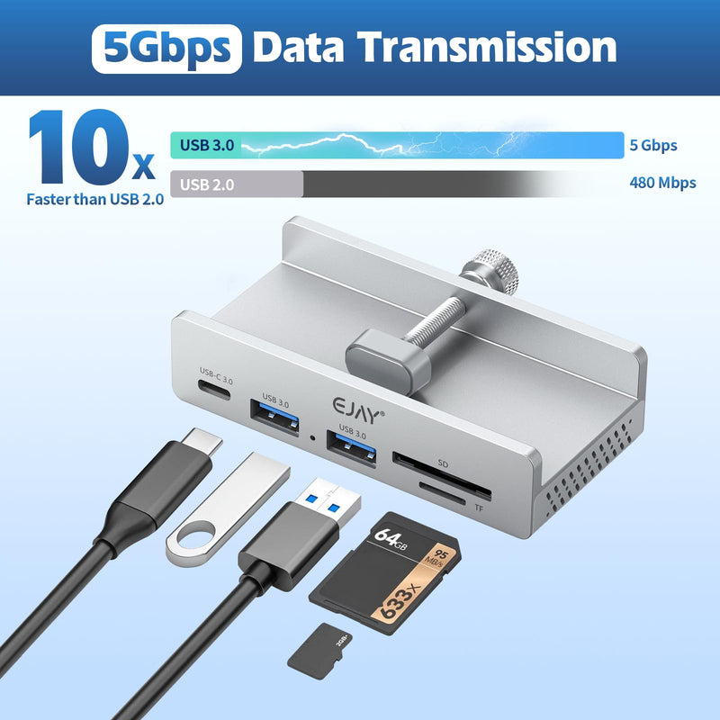 EJAY 5-Port USB 3.0 Hub with Card Reader & Clamp Aluminum Desktop Docking Station with 5Gbps Speed for PC Mac Laptop, 59inches Data and 39inches Power Cable Silver
