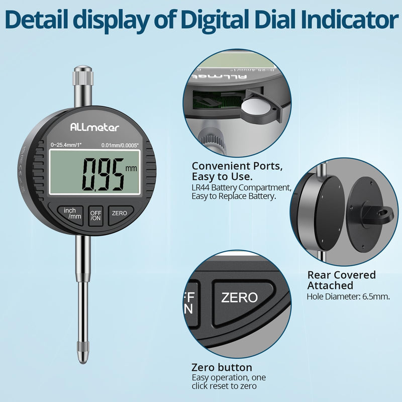 DTI Digital Dial Indicator, 0.01mm/0.0005" Resolution, 0-25.4mm/1" Measuring Range, Electronic Probe Indicator with LCD Display, Switchable mm/inch, Zero Setting Black 0.01/.0005''