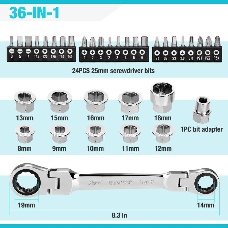 DURATECH 12-in-1 Flex-Head Ratcheting Wrench Set & 24-in-1 Screwdriver Set, Double Box End Wrench 8-19mm, 1/4" Drive Adapter with 24PCS Driver Bits, CR-V Steel, with Tool Box