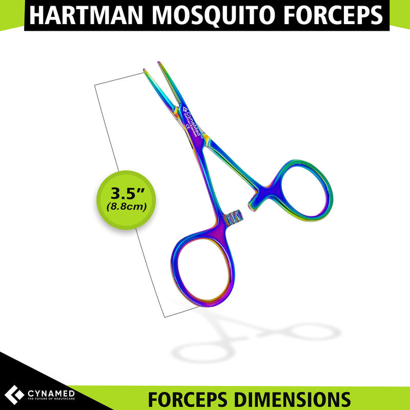 Cynamed Mosquito Hemostatic Forceps with Multicolor/Rainbow Titanium Coating - Premium Quality - Hemostat Clamping Pliers with Serrated Jaws - 3.5 in. (Straight) Straight