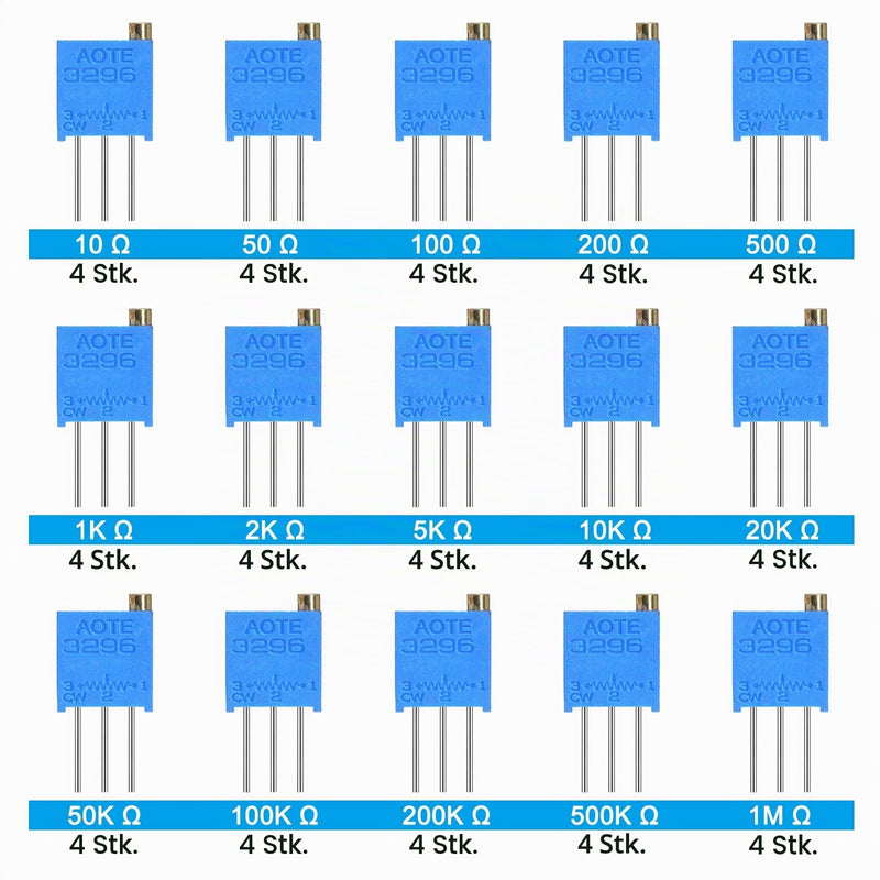 AUKENIEN 15 Values 60 Pieces 3296W Trimmer Potentiometer 10 50 100 200 500 1K 2K 5K 10K 20K 50K 100K 200K 500K 1M Ohm Variable Resistance Assortment Kit