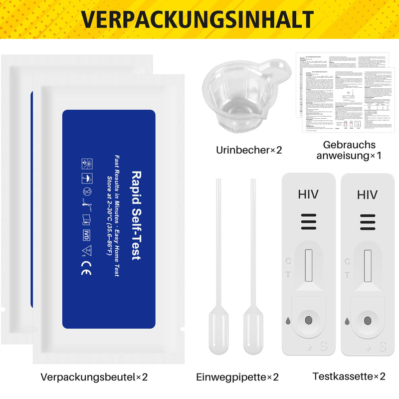 2 x HIV Urine Self Test for Home - Discreet & Simple - No Blood | 2 full test kits with urine sample, results in 15 minutes, includes instructions for easy use at home. yellow