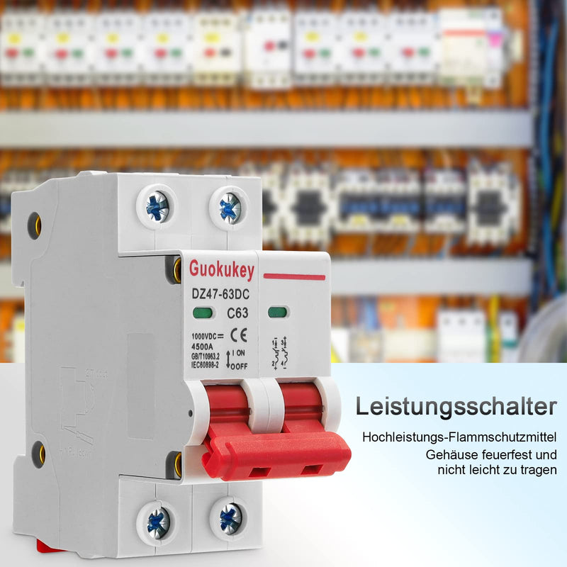 Pack of 2 PV circuit breaker DC 1000V 63A 2-pole DZ47-C63 solar circuit breaker circuit breaker protective air switch circuit breaker for photovoltaic systems