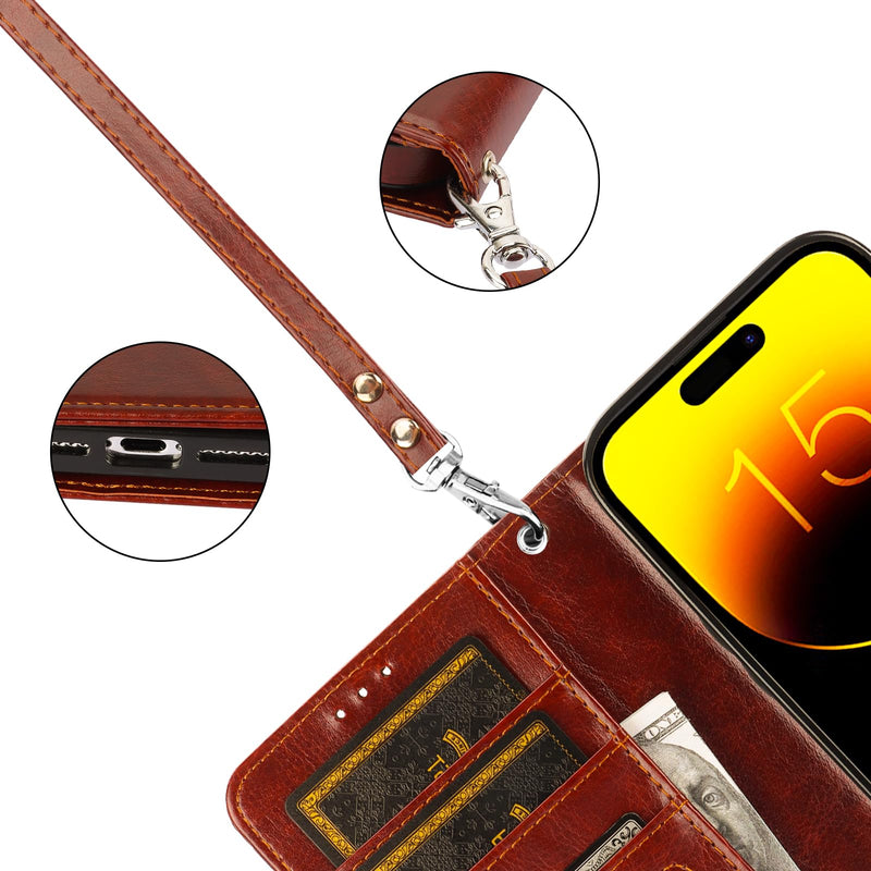 Bocasal Detachable Wallet Case for iPhone 15 RFID Blocking Card Slots Holder Premium PU Leather Magnetic Kickstand Shockproof Wrist Strap Removable Flip Protective Cover 5G 6.1 inch (Brown) Brown