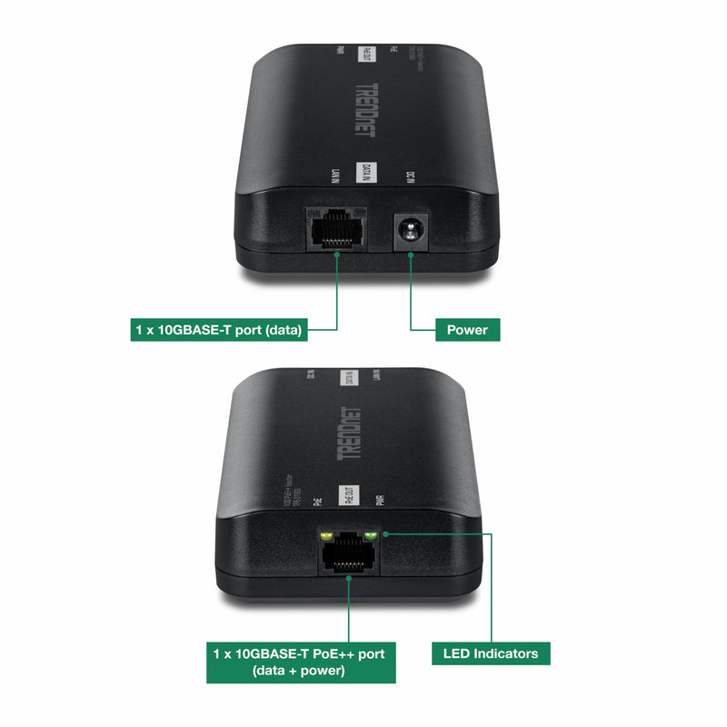 TRENDnet 10G PoE++ Injector, TPE-318GI, Converts a NonPoE Port to A PoE++ 10G Port, Supplies PoE (15.4W), PoE+ (30W), or PoE++ (90W)