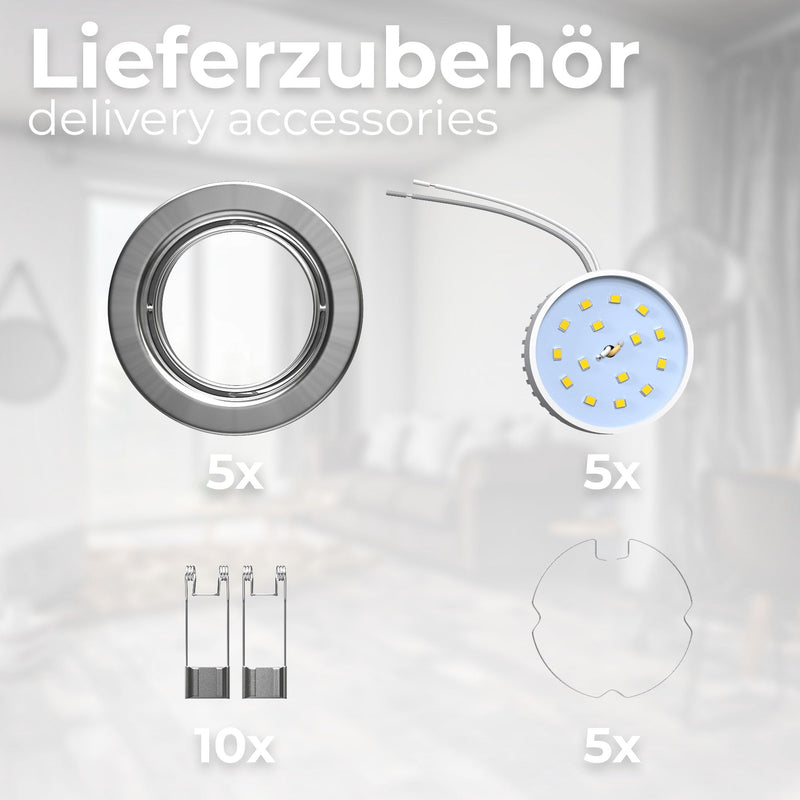 BKLicht - Set of 5 LED recessed spotlights 230V swiveling, warm white light color, hole size 68mm, LED spot, flat, ceiling spots, LED spots, recessed lights, recessed spots LED, 86x26 mm, matt nickel set of 5 86x26 mm