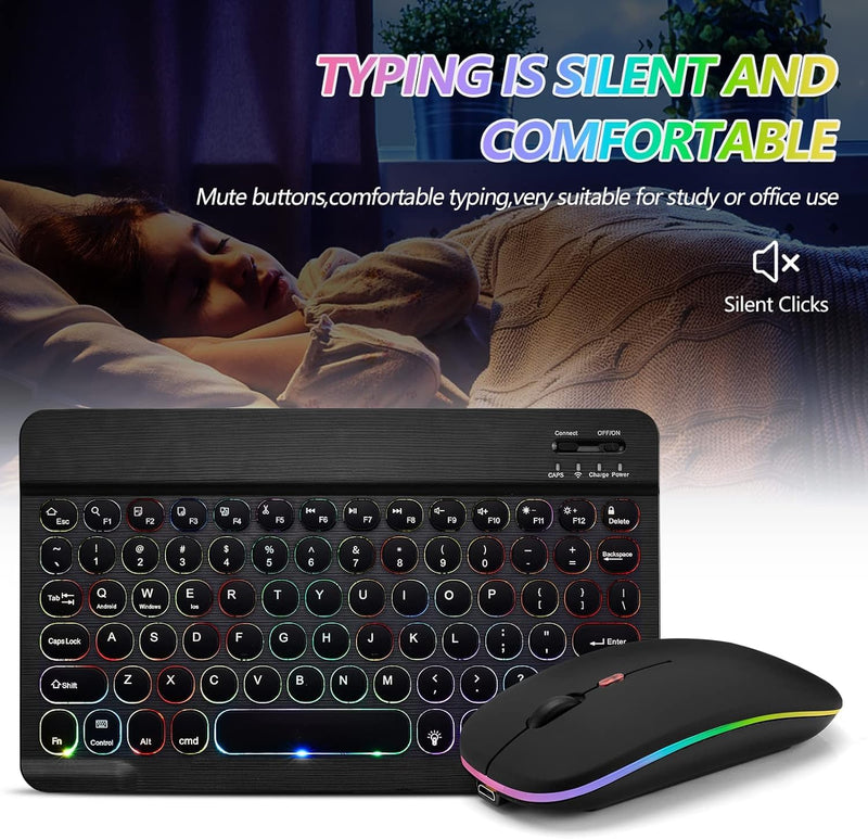 2 Pack Ultra-Slim Bluetooth Keyboard and Mouse Portable Rechargeable 7-Color Backlit for Apple iPad iPhone Samsung Tablet iPhone Smartphone iOS Android Windows Round keys(Black+Pink) black+pink