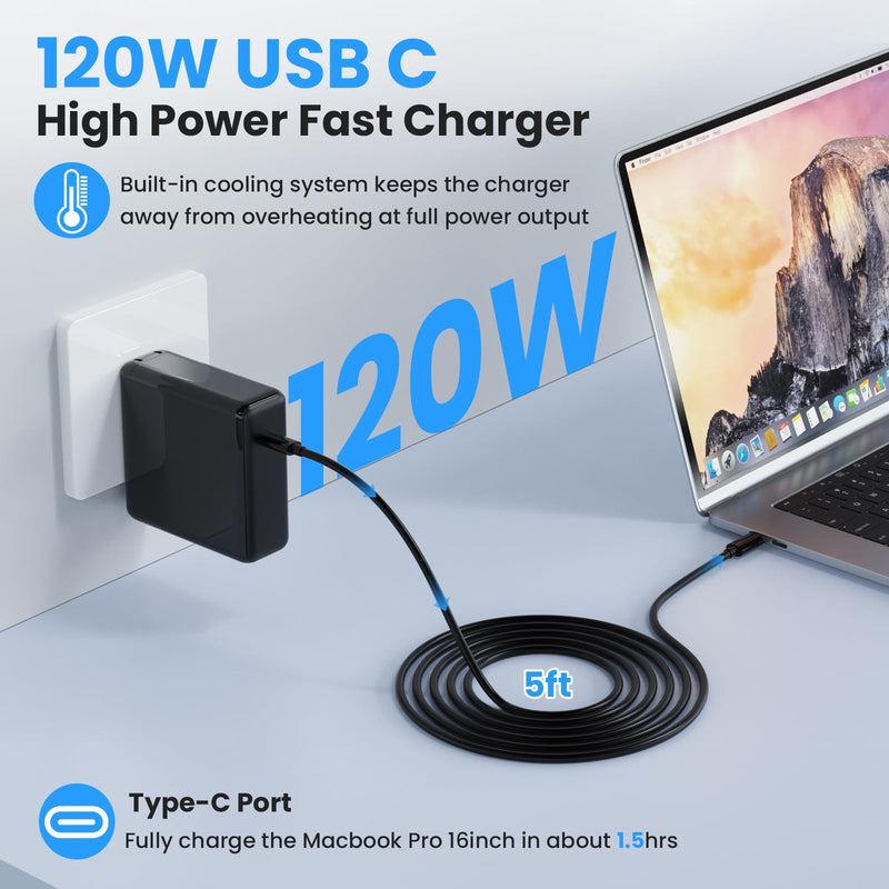 Mac Book Pro Charger - 120W USB C Charger Fast Charger, Compact Laptop Charger Adapter Compatible with USB C Port MacBook Pro/Air, iPad Pro, Samsung Galaxy and All USB-C Devices (Black) Black