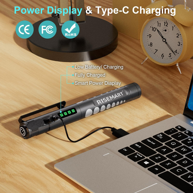 RISEMART Medical Diagnostic Light, Rechargeable LED Pupil Light with Battery Display, Warm/Cool White & Continuous Dimming, Portable Aluminum Medical Digital Penlight black