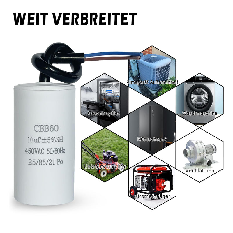 CBB60 450V 10uf 50/60HZ Starting Capacitor, Motor Operation Capacitor, ANGEEK Motor Capacitor, Suppression Capacitor, Engine Start Capacitor, Microfarad Capacitor with Wire