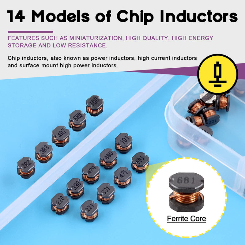 Swpeet 140 pieces 14 values 2.2UH.680UH CD54 wire wound SMD power inductor assortment kit, 5.8 mm chip inductors with 2.2UH 3.3UH 4.7UH 6.8UH 10UH 22UH 47UH 68UH 100UH 220UH 330UH 47UH 68 UH